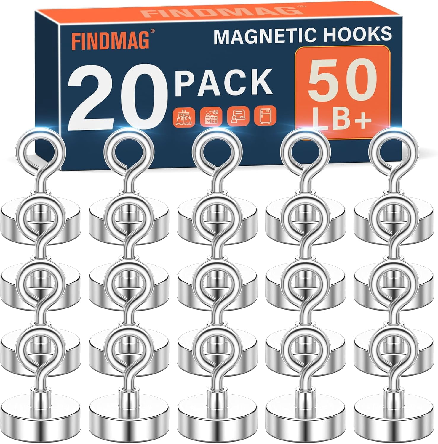 JJEAN-Magnetic Hooks, 20 Pack Sliver Strong Magnetic Hooks Heavy Duty, Magntes for Cruise Walls, Sheep Eye Magnets for Kitchen, Refrigerator, Travel Essentials, Classroom, 50 lbs