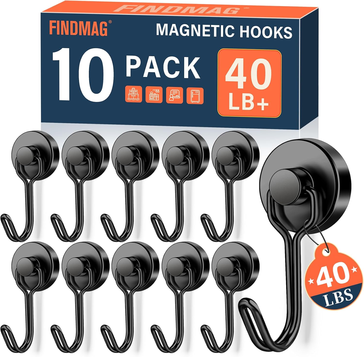 JJEAN-Magnetic Hooks, 40lb+ Black Magnetic Hooks for Classroom, 2026 Cruise Essentials, 10 Pack Strong Magnet Hook Heavy Duty, Neodymium Magnet Hooks for Cruise, Workplace, Home Storage, Kitchen