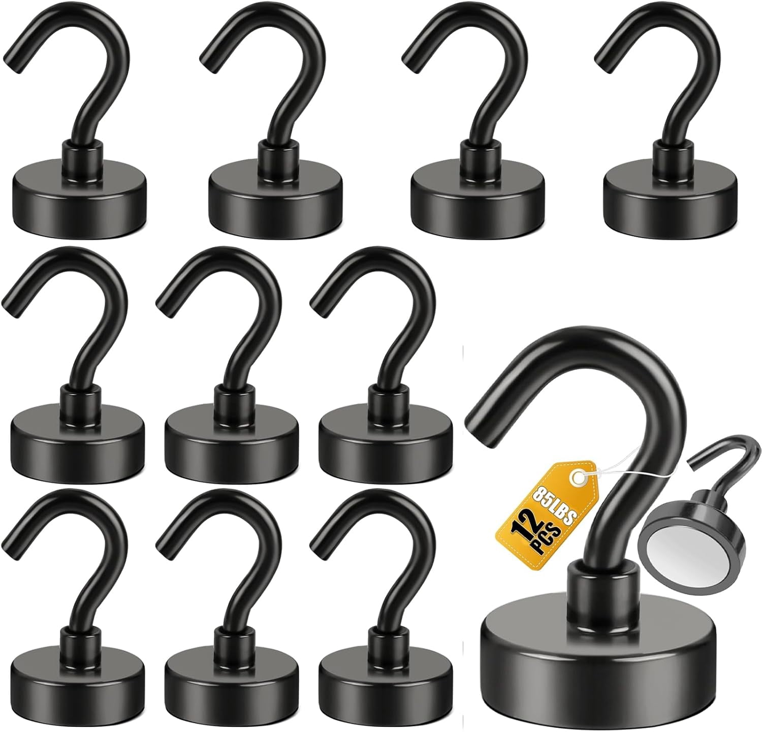 JJEAN-Magnetic Hooks, 85 LB Black Heavy Duty Strong Magnet with Hook, Rare Earth Neodymium Magnets for Hanging, Magnetics Hanger for Curtain, Home, Kitchen, Workplace, 12 Packs,