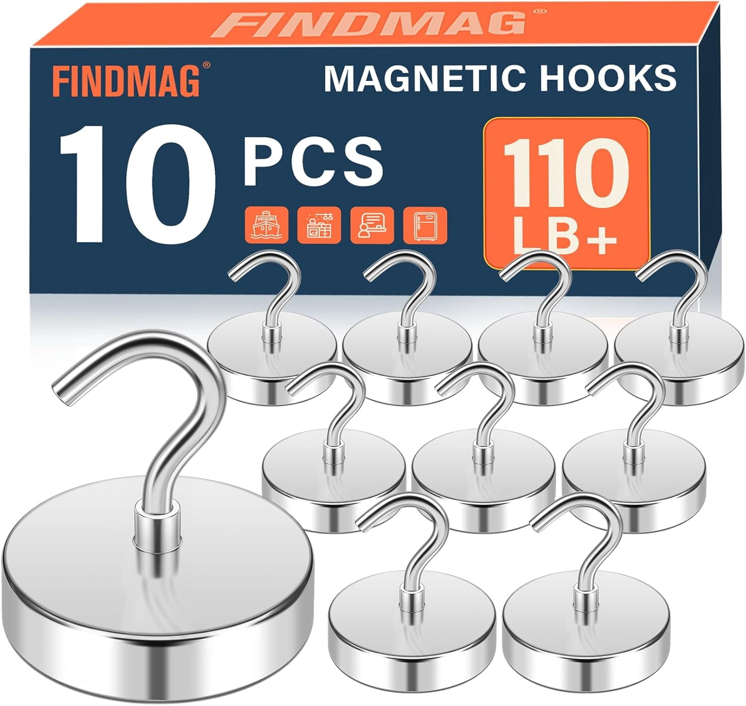 JJEAN-Magnetic Hooks for Cruise Cabins, 110lbs Cruise Ship Magnetic Hooks for Hanging Heavy Duty, Magnet Wall, Refrigerator Magnets, Locker Organizer, Locker Organization, 10 Pack, Silver