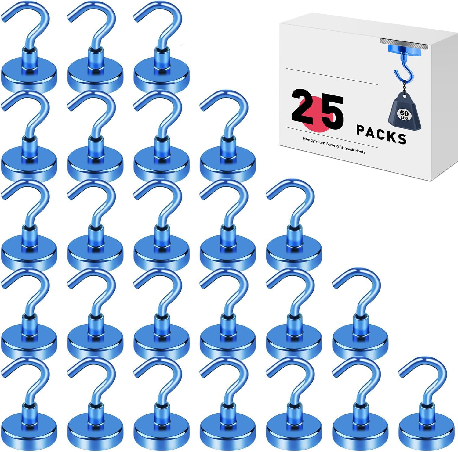 JJEAN-Magnetic Hooks for Cruise Cabins, 50lbs Blue Magnetic Hooks for Classroom, Strong Magnets with Hooks for Hanging, Neodymium Magnet Hooks for Fridge, Ceiling, Locker, Camper, Travel-25 Pcs