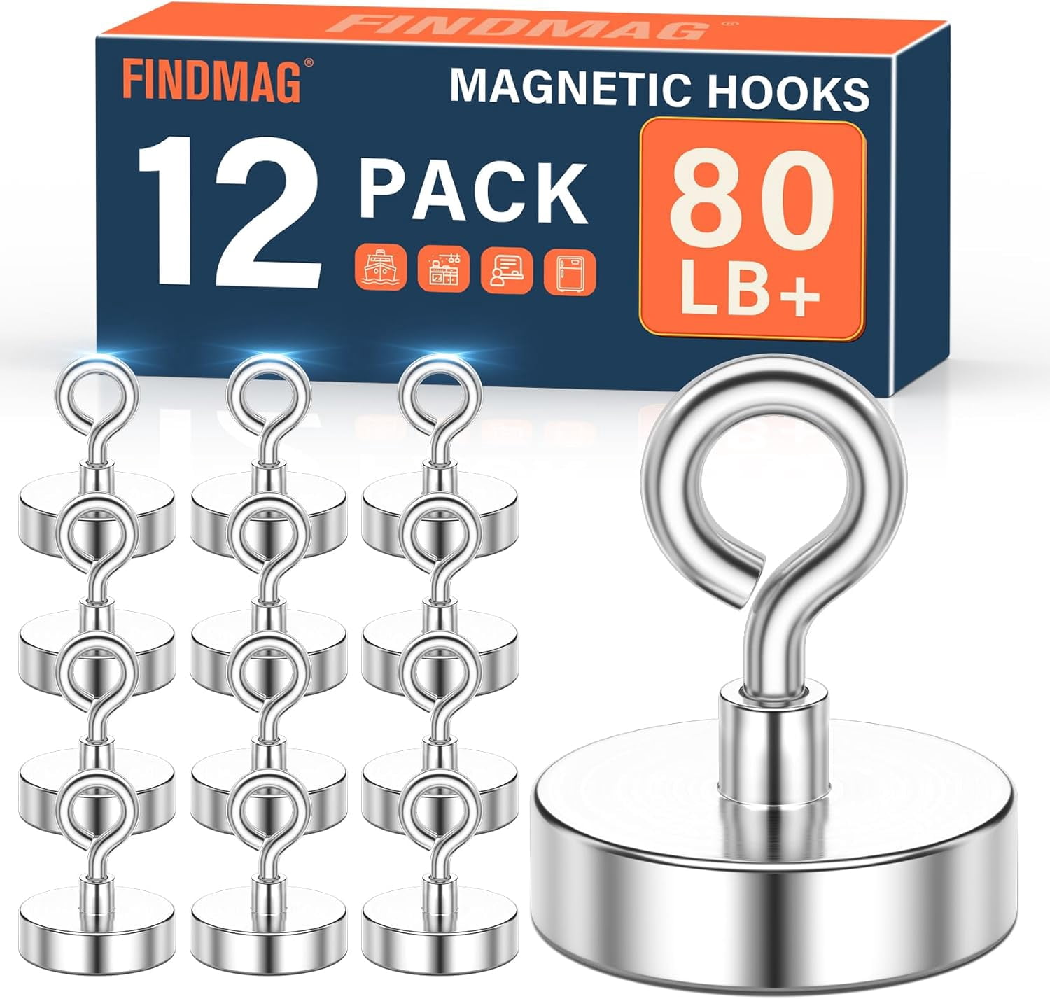 JJEAN-Magnetic Hooks for Cruise Cabins, 80lbs Magnets Heavy Duty with Hook, Magnetic Towel Holder for Refrigerator, Magnets Eyelet Hanger for Hanging, Travel Essentials, 12 Pack (Sliver)