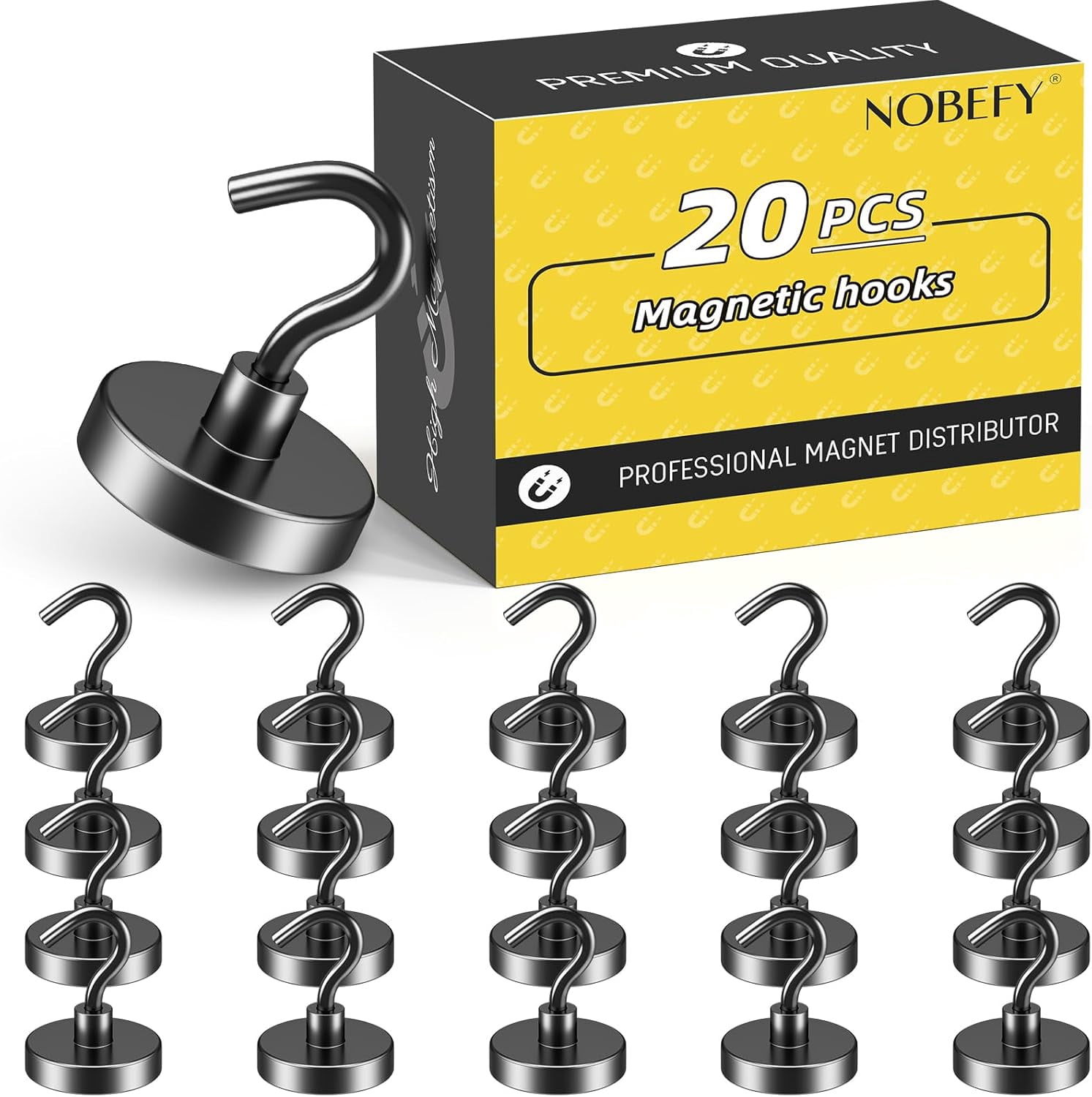 JJEAN-Magnetic Hooks Heavy Duty, 80 LBS Strong Magnetic Hook for Hanging, 20 Pack Black Magnet Hooks for Fridge, Large Magnet Hook for Cruise Accessories, Kitchen, Classroom, Garage, Wall, Travel