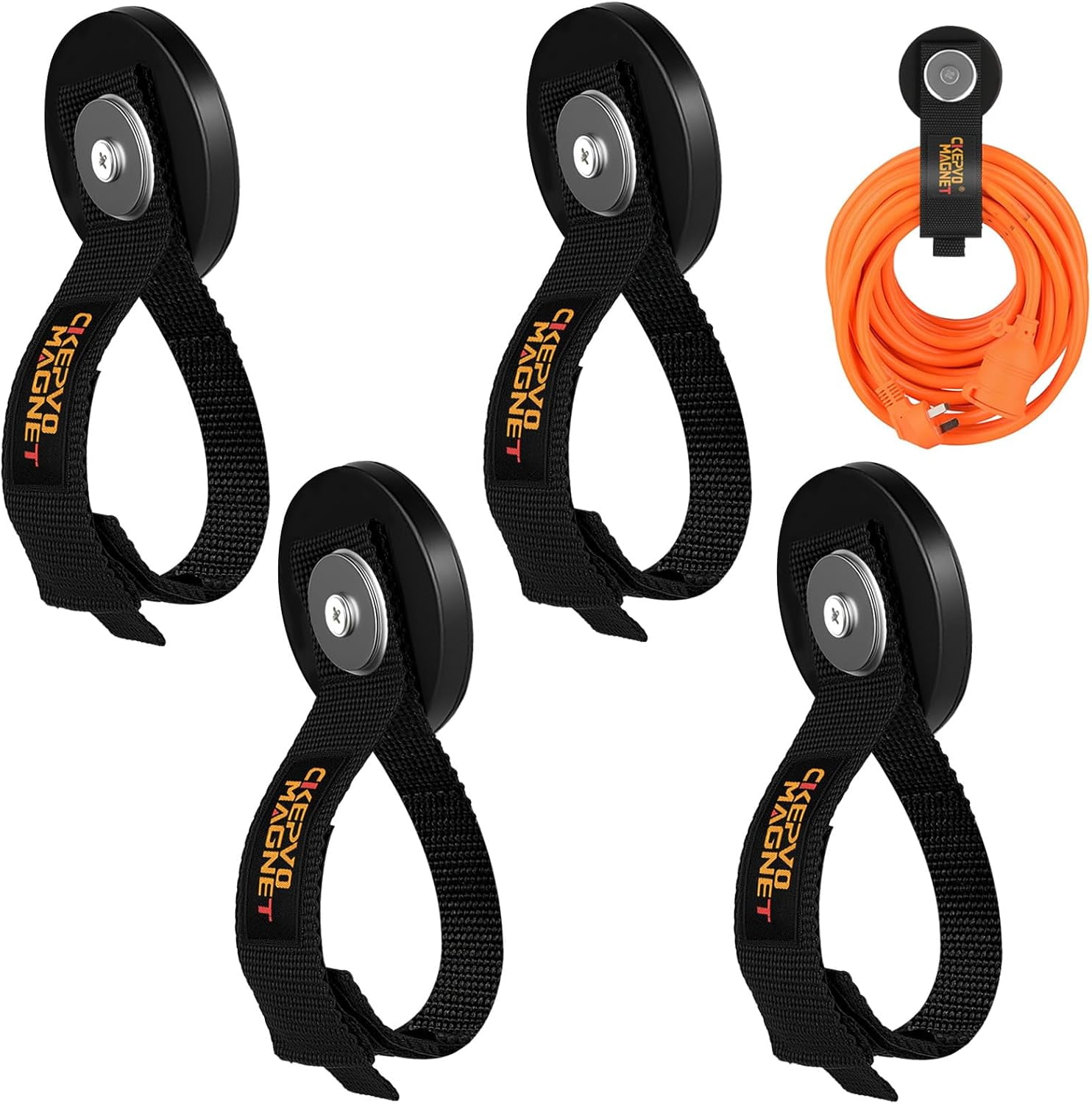 JJEAN-Magnetic Tool Holder with Adjustable Straps - 4Pcs Heavy Duty Garage Hooks for Extension Cord, Hose, Power Tools 2.59 INCH, No Scratch Design, RV/Boat/Workshop (4, 2.59''Magnet)