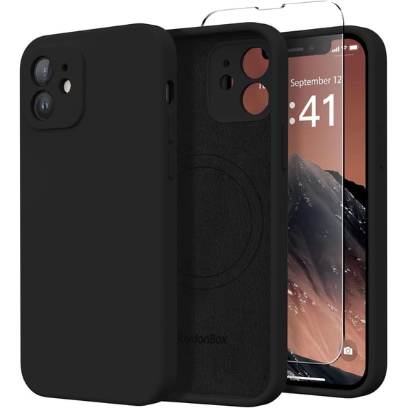 JJEAN-Magnetic for iPhone 12 Case, Compatible with MagSafe, [Full Camera Protection][Screen Protector] Silicone Shockproof Protective Phone Case for iPhone 12 6.1", Black