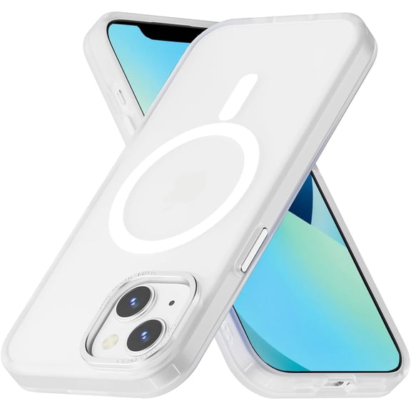 JJEAN-Magnetic for iPhone 13 & iPhone 14 Case [Metal Camera Frame&Buttons] [Mil-Grade Drop Protection] Shockproof Slim Translucent Matte Protective Phone Case, White