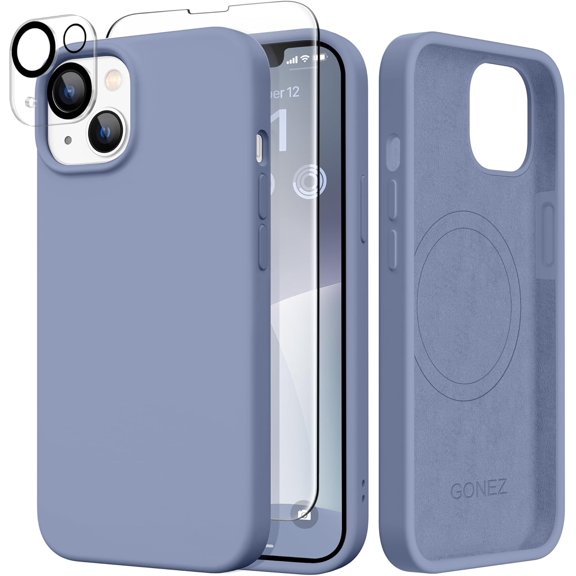 JJEAN-Magnetic for iPhone 14 Case, Compatible with Magsafe, with Screen Protector + Camera Protector, Anti-Scratch Microfiber Lining, Liquid Silicone Shockproof Protective Phone Case, Lavender Gray