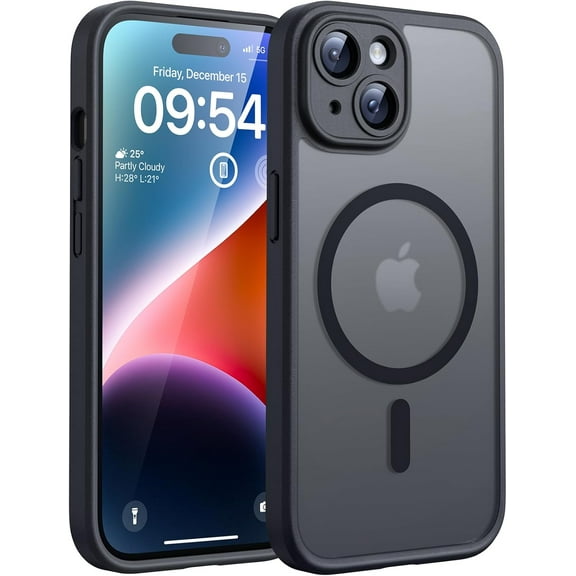 JJEAN-Magnetic for iPhone 14 Case, Compatible with Magsafe, Upgraded Full Camera Protection, Drop Protection, Translucent Matte Back Bumper Phone Cover 6.1-Inch (Black)