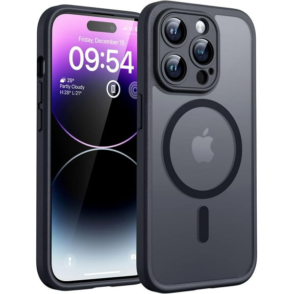 JJEAN-Magnetic for iPhone 14 Pro Case, Compatible with Magsafe, Upgraded Full Camera Protection, Drop Protection, Translucent Matte Back Bumper Phone Cover 6.1-Inch (Black)