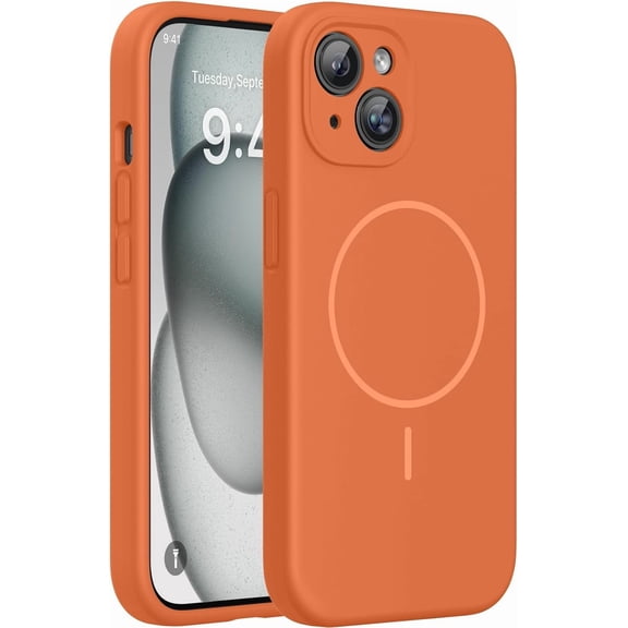 JJEAN-Magnetic for iPhone 15 Case, [Soft Anti-Scratch Microfiber Lining], Compatible with MagSafe, Liquid Silicone Case Shockproof Drop Protection Phone Case for 15,Orange