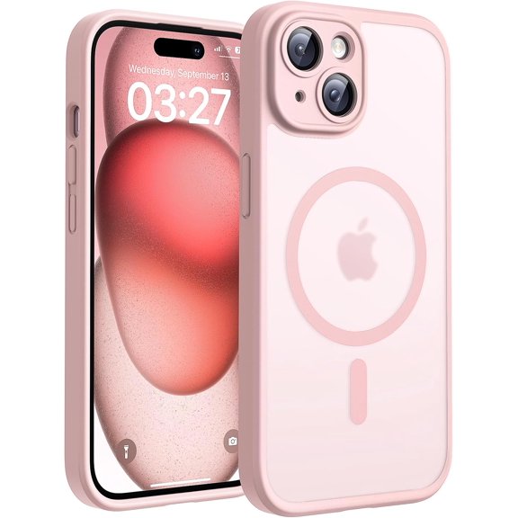 JJEAN-Magnetic for iPhone 15 Case, Upgraded Full Camera Protection, Compatible with Magsafe, Drop Protection, Translucent Matte Back Bumper Phone Cover 6.1-Inch (Light Pink)