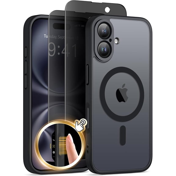 JJEAN-Magnetic for iPhone 16 Plus Case with Camera Control Button, Compatible with MagSafe, [Full Camera Protection][Privacy Screen Protector]Non-slip Translucent iPhone 16 Plus Phone Cover (Black)