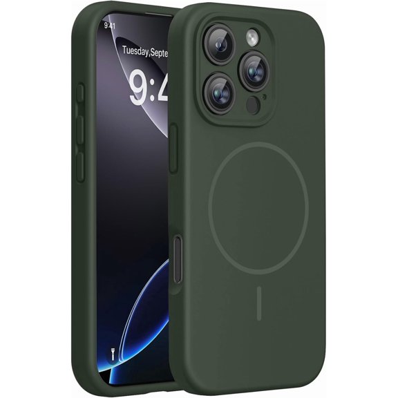 JJEAN-Magnetic for iPhone 16 Pro Max Case, [Soft Anti-Scratch Microfiber Lining], Compatible with MagSafe, Liquid Silicone Case Shockproof Drop Protection Phone Case for 16 ProMax,Dark Green