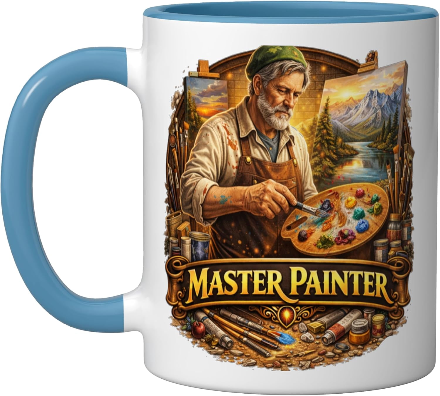 JJEAN-Master Painter Old Man Easels Paint Brushes Ceramic Mug, Blue/White