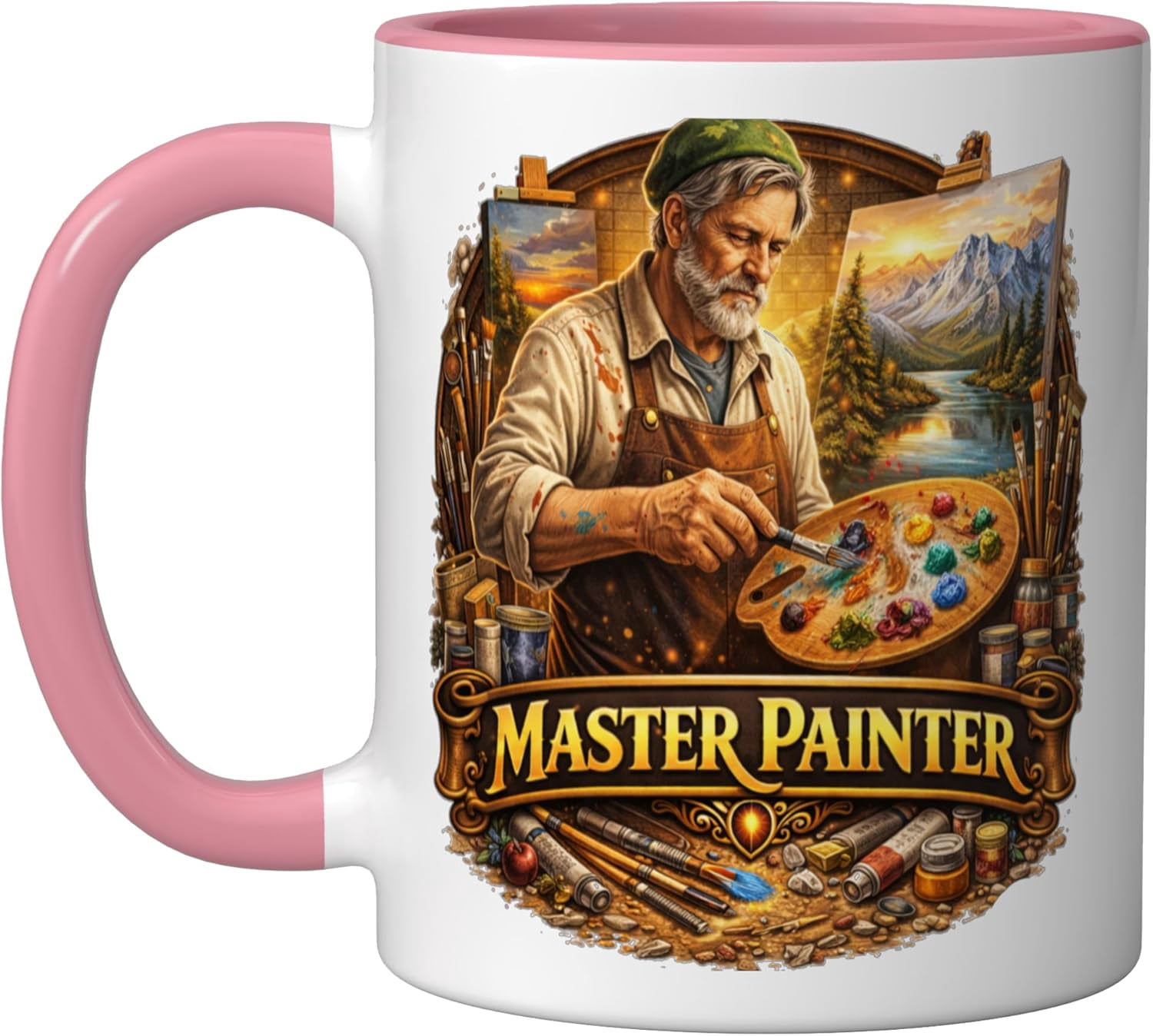 JJEAN-Master Painter Old Man Easels Paint Brushes Ceramic Mug, Pink/White