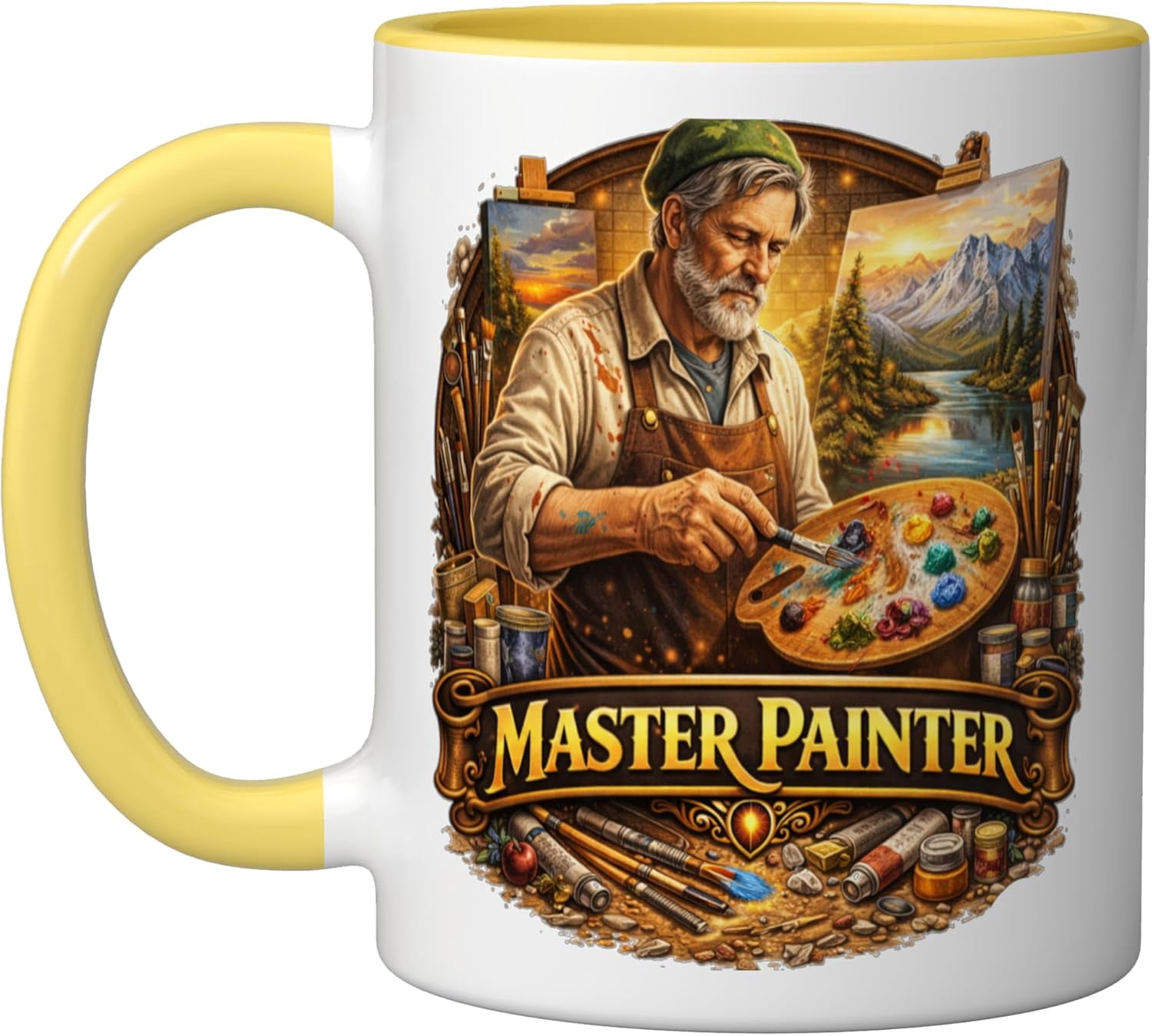 JJEAN-Master Painter Old Man Easels Paint Brushes Ceramic Mug, Yellow/White