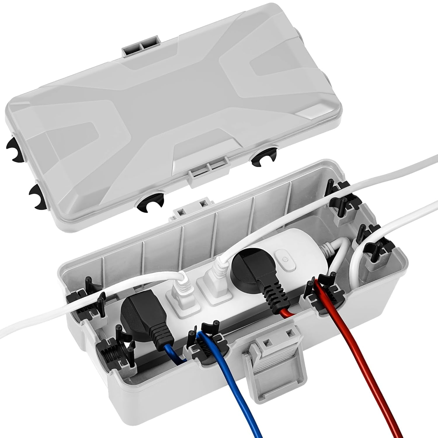 JJEAN-Medium Outdoor Electrical Box(10.4x6x4.2inch), IP54 Waterproof, Weatherproof Connection Box w/6 Cable Entry Ports, Extension Cord Cover Protect Power Strip, String Lights, Timer, Plug, Grey