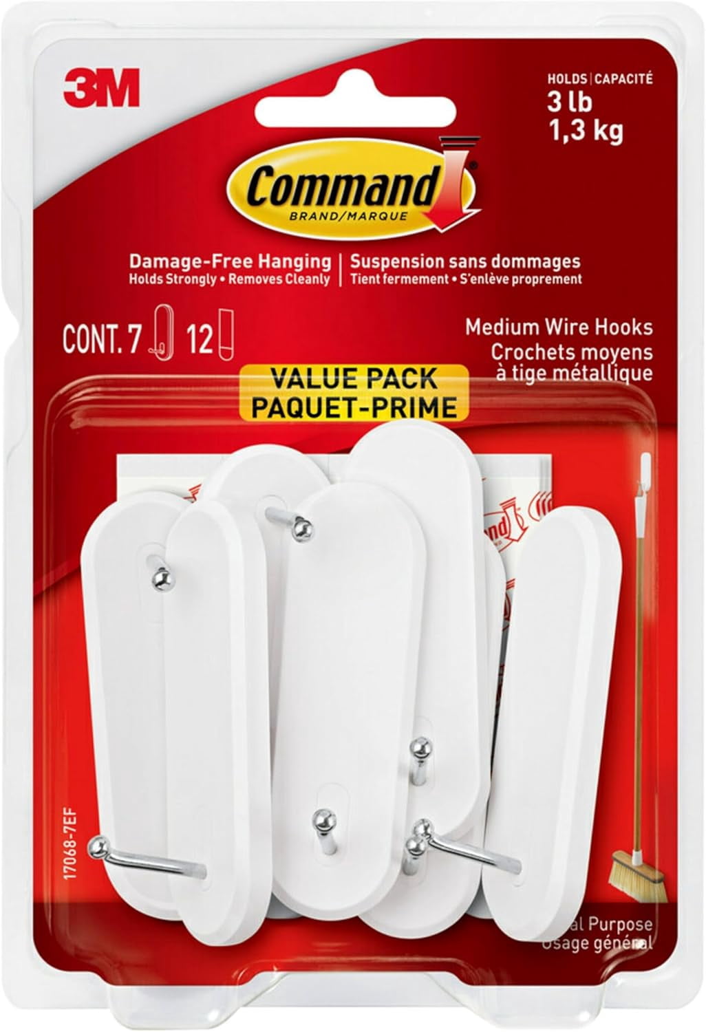 JJEAN-Medium Wire Hooks Value Pack, White, 7-Hooks, 12-Strips, Organize Damage-Free