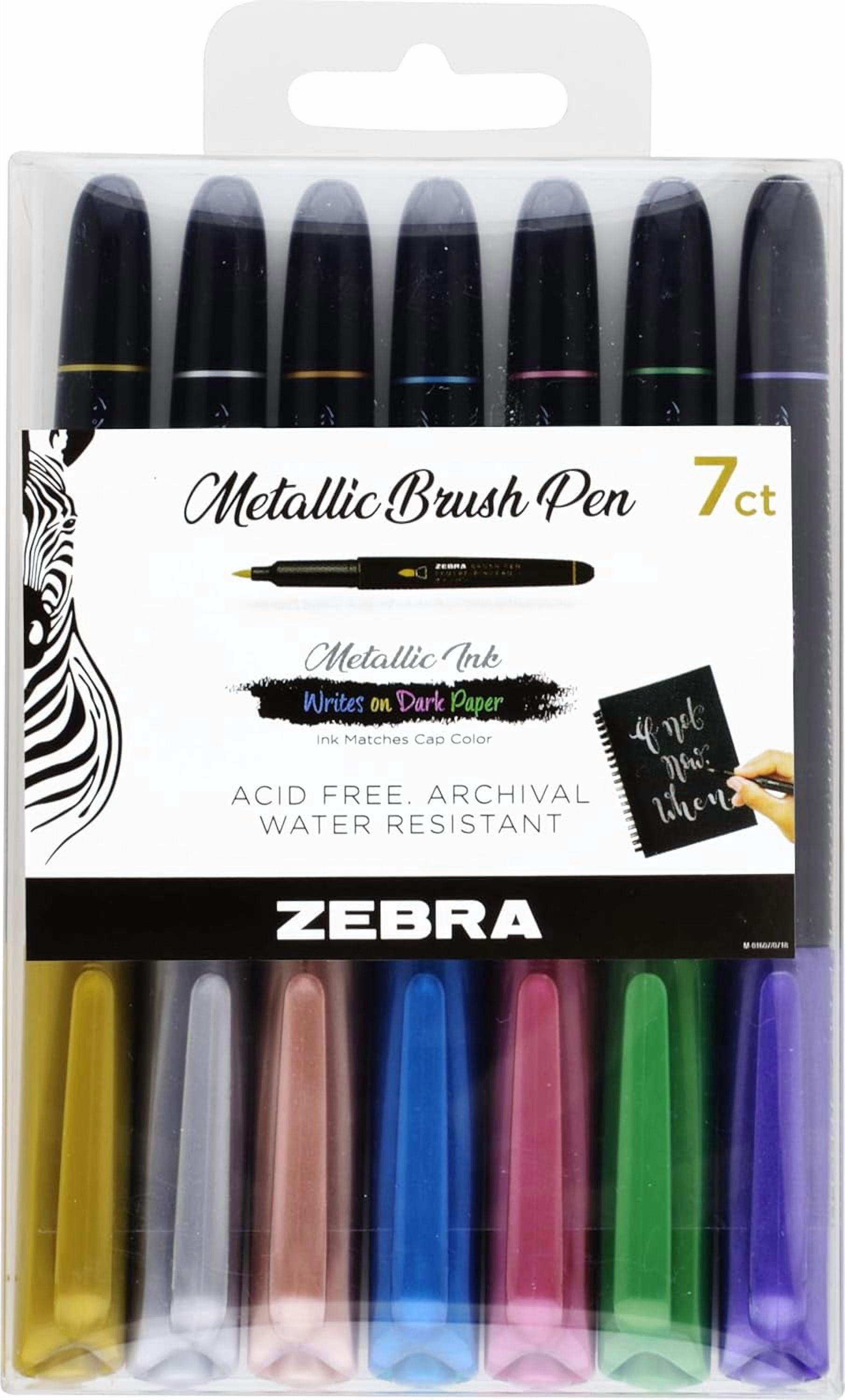 JJEAN-, Metallic Brush Pens, Assorted Metallic Ink Colors, Medium Brush Tip Mimics Artist‘s Paint Brush for Calligraphy, Acid-Free Ink for Light and Dark Paper, 7-Pack (01607)