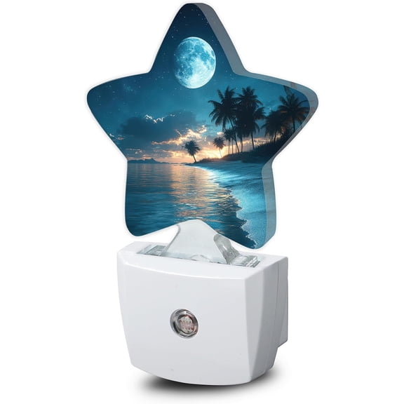 JJEAN-Moon Beach Night Light,Tropical Palm Tree Plug-in Star Night Lights with Dusk-to-Dawn Sensor for Bedroom,Bathroom,Living Room Sleep Friendly Lamp for Women Girls Boys Gift,0.5W