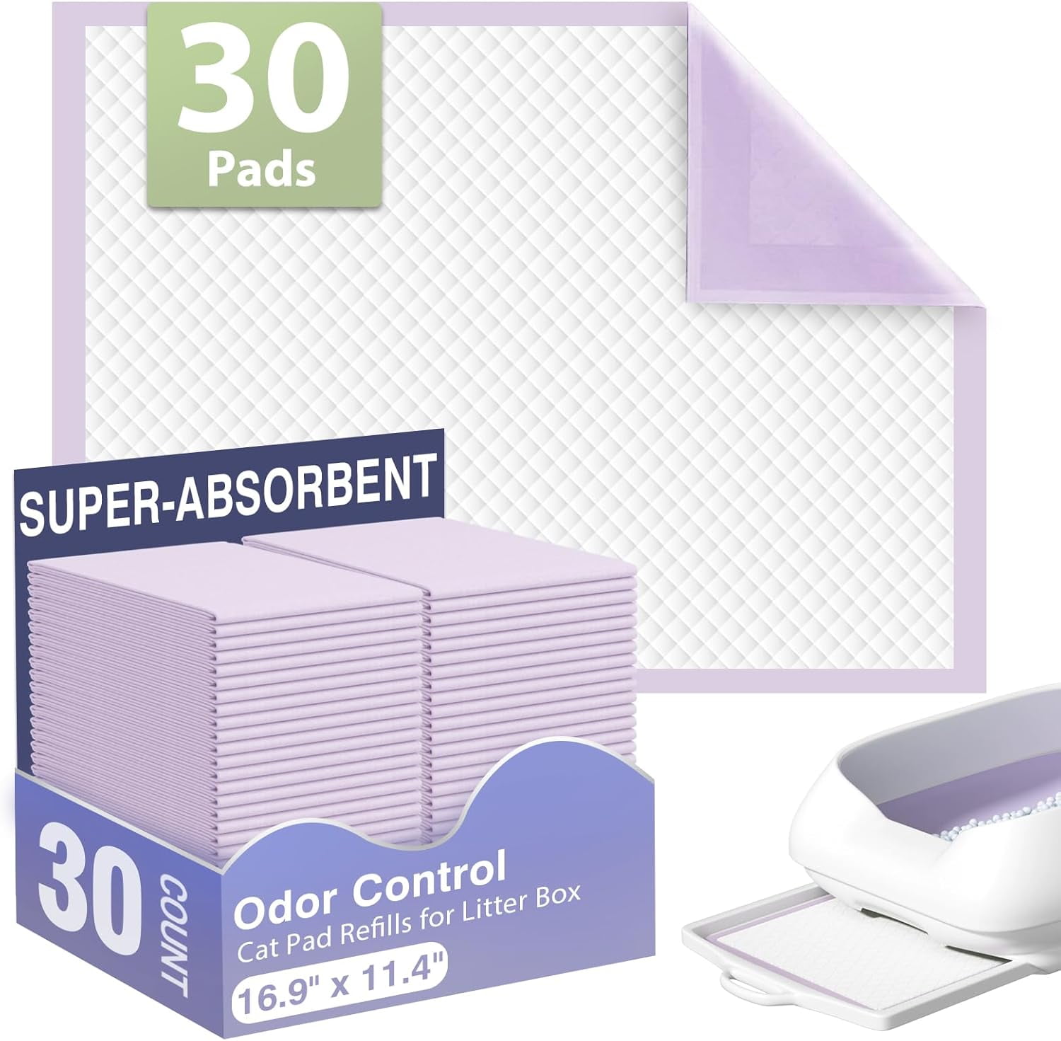 JJEAN-Multi-Cat Litter Pads 16.9" X 11.4", 30 Ct, Odor Control, Thickened Leak-Proof Pee Pads for Breeze System, Super Absorbent Up to 2L, Disposable Cat Pads Refills, Unscented