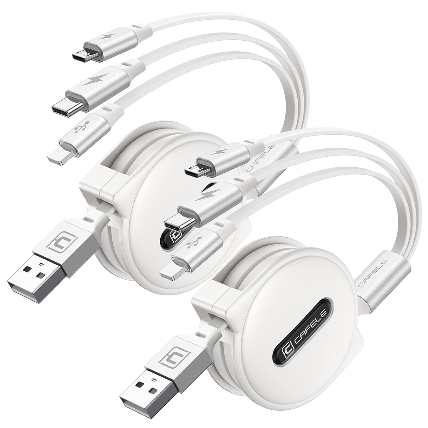 JJEAN-Multi Charging Cable 3A, [2Pack 4ft] Retractable USB Charging Cable with Type C/L/Micro USB Ports, 3 in 1 Multi Fast Charger Cord for Multiple Devices, Phone 16 15 14/Galaxy/Pads/Tablets-White