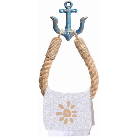 JJEAN-Nautical Anchor Toilet Paper Holder Rustic Industrial Wall-Mounted Towel Ring with Metal Hook for Bathroom Decor (Blue)