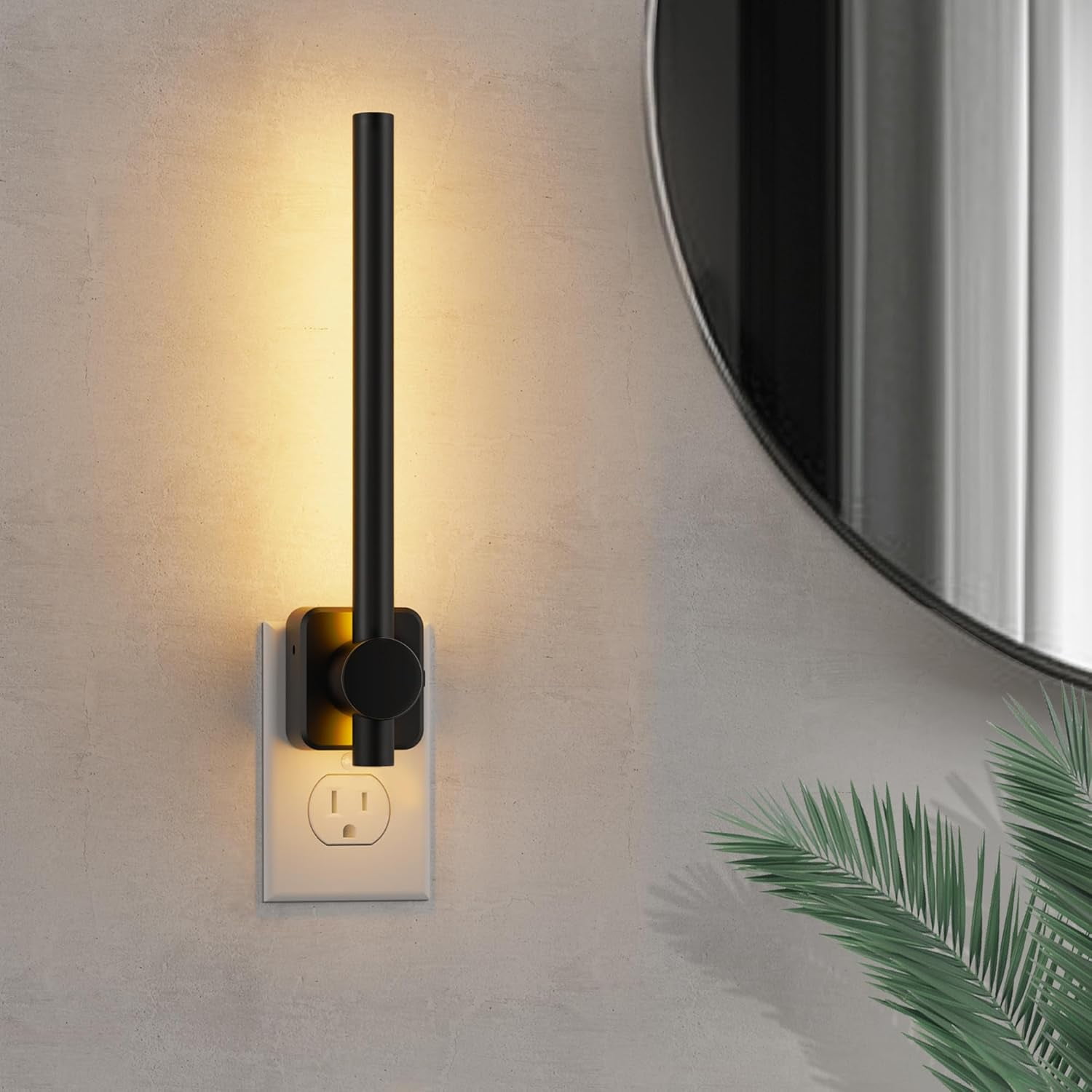 JJEAN-Night Light, Night Lights Plug into Wall, 0-200LM Bathroom Nightlight, Dusk to Dawn Sensor 2W Dimmable Nightlights, Soft White 3000K, Modern Black Night Light for Mirror Restroom, 1 Pack