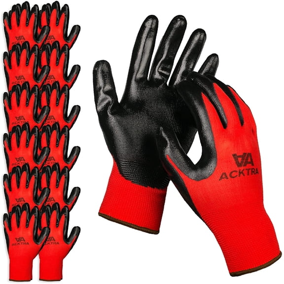 JJEAN-Nitrile Coated Safety WORK GLOVES 12 Pairs, WG003 Red/Black, Small