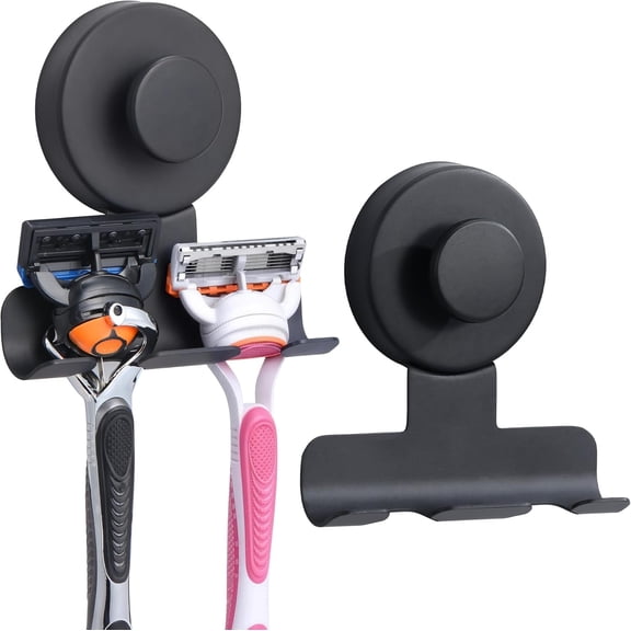 JJEAN-No-Drill Suction Cup Razor and Shaver Holder, Stainless Steel Shower Hook for Towel & Loofah, Damage-Free Reusable Bathroom Wall Organizer 2 Pack Matte Black