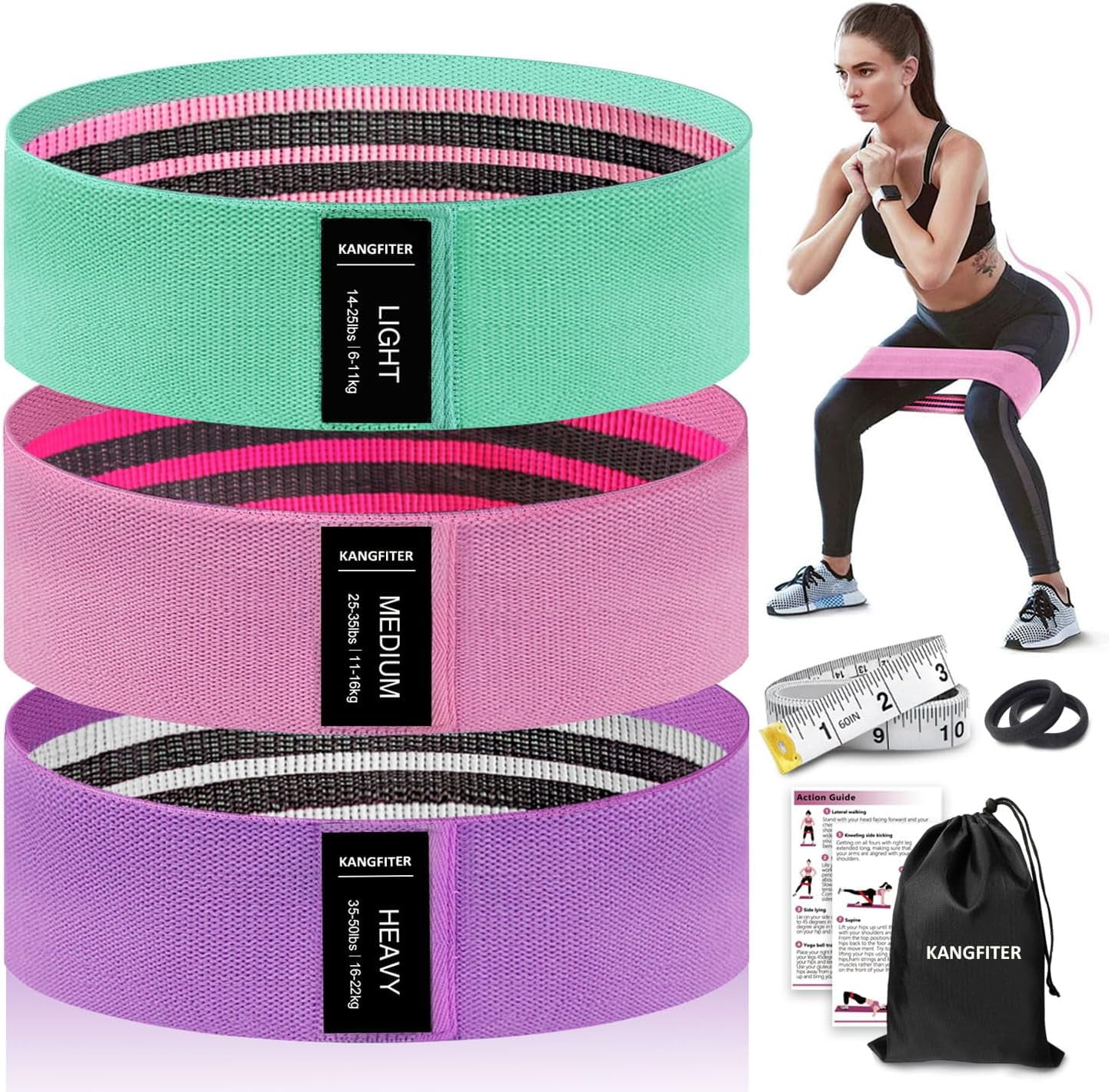 JJEAN-Non-Slip Fabric Resistance Bands for Working Out, Loop Exercise Bands for Booty Leg, Butt, Glute, Stretch Workout Bands for Women & Men, Hip Elastic Bands for Home Gym Fitness, Yoga, Pilates
