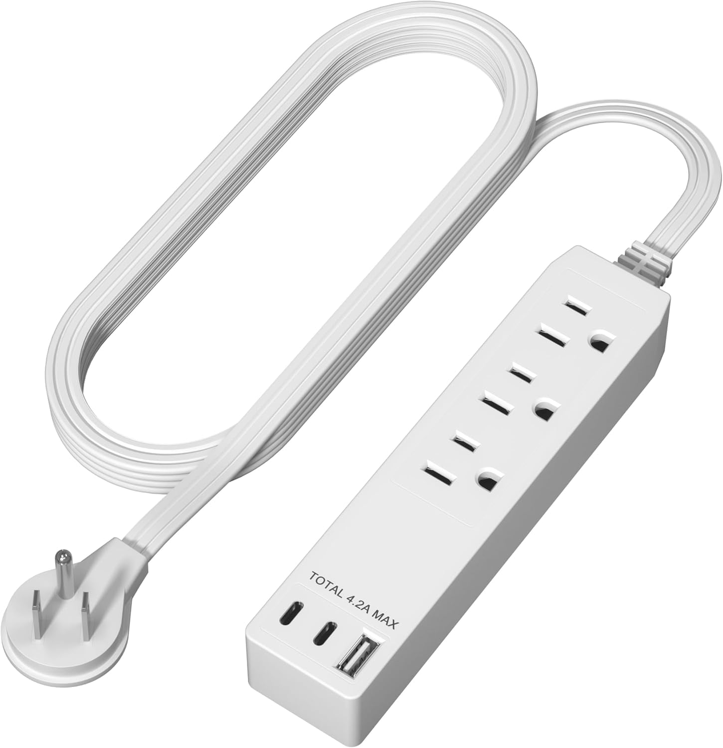 JJEAN-Outlet Extender with 3 Receptacles, USB Type-A and 2 USB Type-C Port, Ultra-Thin Flat-Plug with Cord Extender, 3-Outlet Power Strip, Slim Angled Design, UL-Listed, 5ft Cord, White