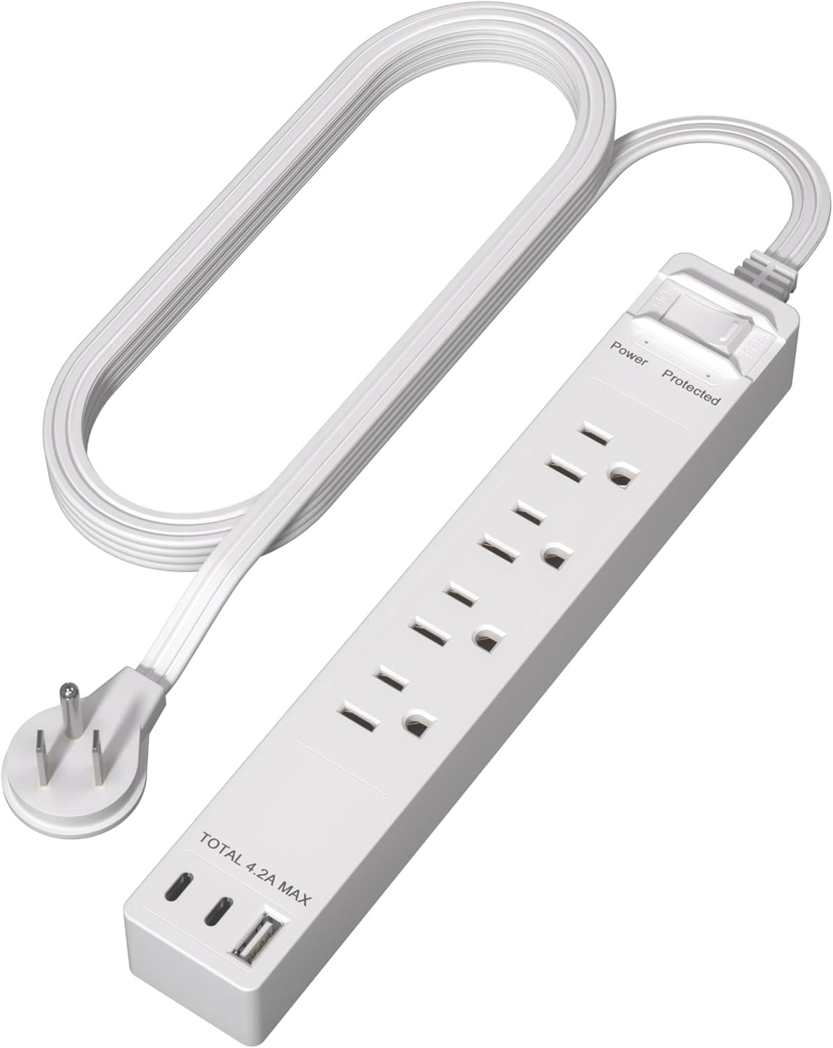 JJEAN-Outlet Extender with 4 Receptacles, USB-A and 2 USB-C, Ultra-Thin Flat-Plug with Cord Extender, 4-Outlet Power Strip, Slim Angled Design, Surge Protector, 1500 Joules, 5ft Cord, UL-Listed, Whit