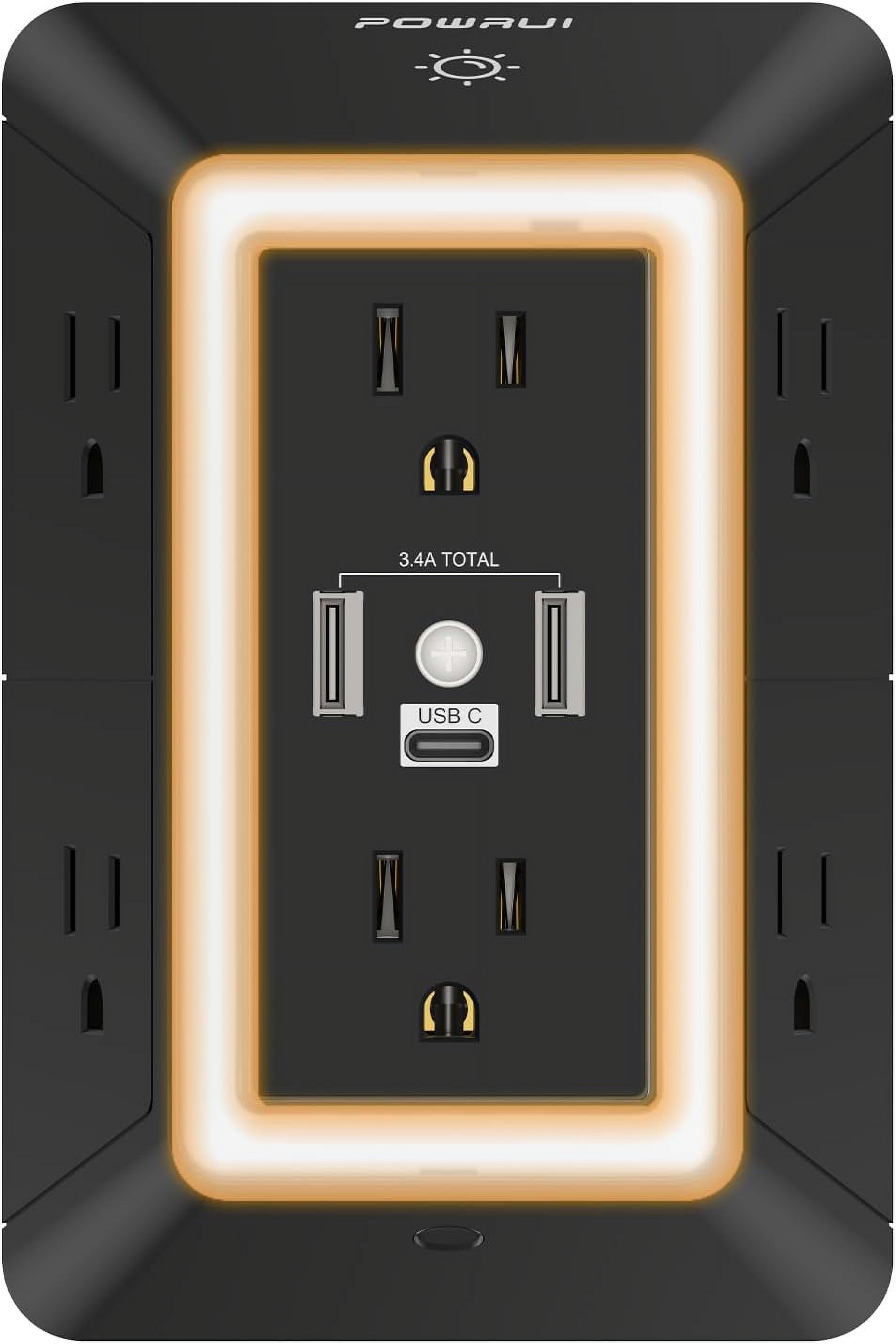JJEAN-Outlet Extender Power Strip, 6 AC Surge Protector Outlets with 3 USB Ports (1 USB C) and Night Light, 3-Sided Multi Plug Wall Outlet with Spaced Outlets - Black, ETL Listed
