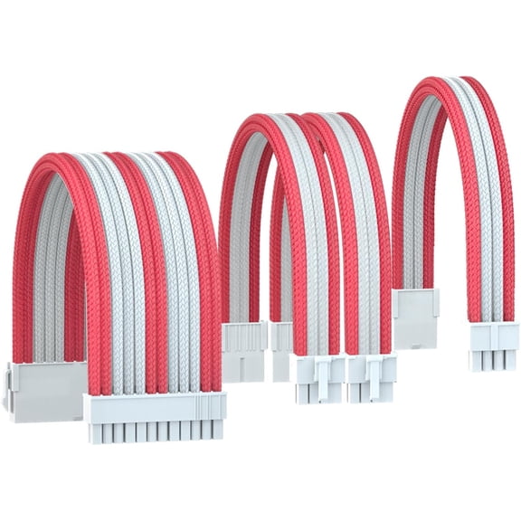 JJEAN-PC Cable Extension Power Supply Kit,18AWG ATX 24P/EPS 8Pin+2xPCI-E 8Pin with Cable Combs Ultra-Soft Materials (White Pink)