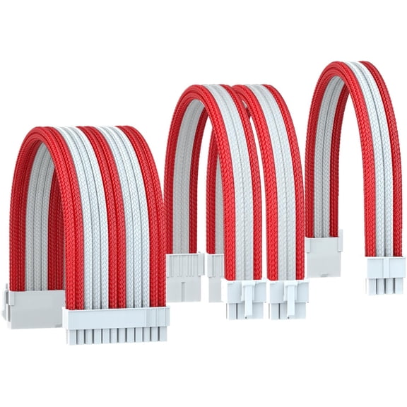 JJEAN-PC Cable Extension Power Supply Kit,18AWG ATX 24P/EPS 8Pin+2xPCI-E 8Pin with Cable Combs Ultra-Soft Materials (White Red)