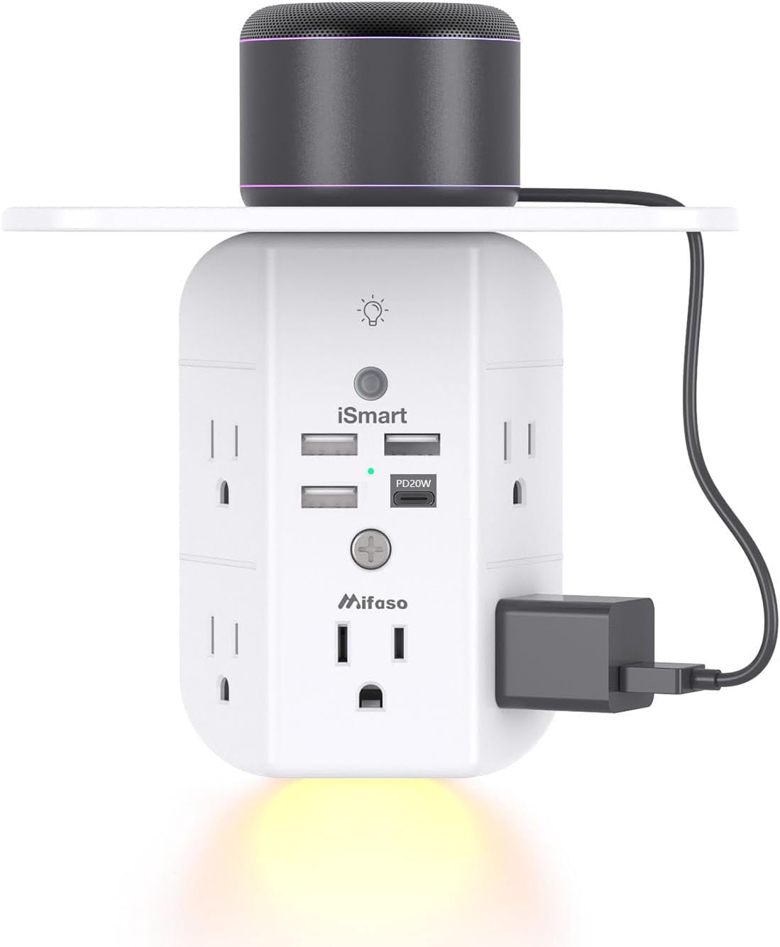JJEAN-PD20W Wall Outlet Extender, Outlet Splitter with Shelf and Night Light, USB Wall Charger with 5 AC Outlets and 3 USB A Ports 1 USB C Ports Wide Space 3-Sided Power Strip Multi Plug Outlets
