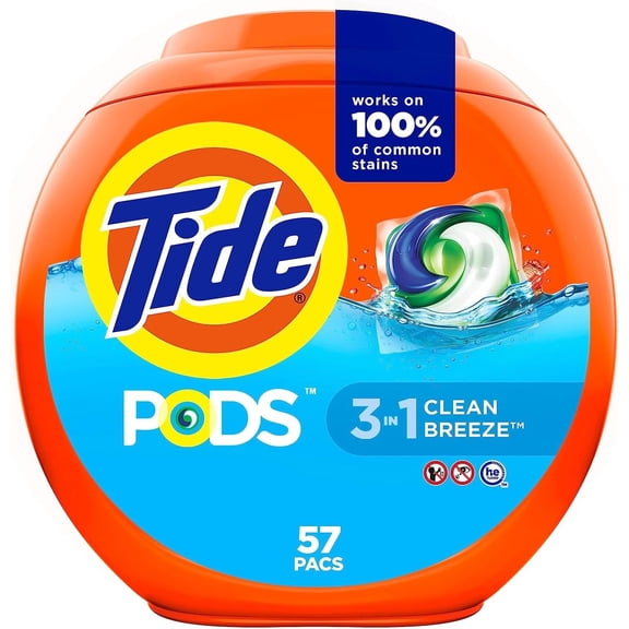 JJEAN-PODS laundry detergent pacs, 3-in-1 Stain Remover, Odor Fighter, Color Protector, 57 Count, HE compatible, Clean Breeze Scent