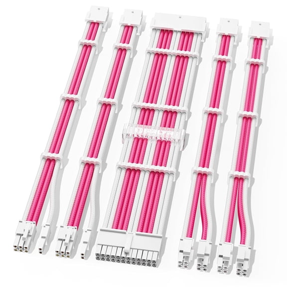 JJEAN-PSU Extension Cable Kit - Custom Sleeved Power Supply Mod for Girl's PC Build 16AWG 1x24Pin ATX/2x8 (4+4) Pin EPS CPU/2x8 (6+2) Pin PCI-E GPU 5PCS Pink&White