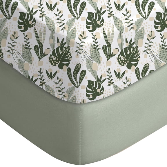 JJEAN-Pack and Play Sheets Fitted, Mini Crib Sheets 2-Pack for Pack N Play Mattress, Stretchy Playard Sheet, Soft and Breathable (Green + Banana Leaves)