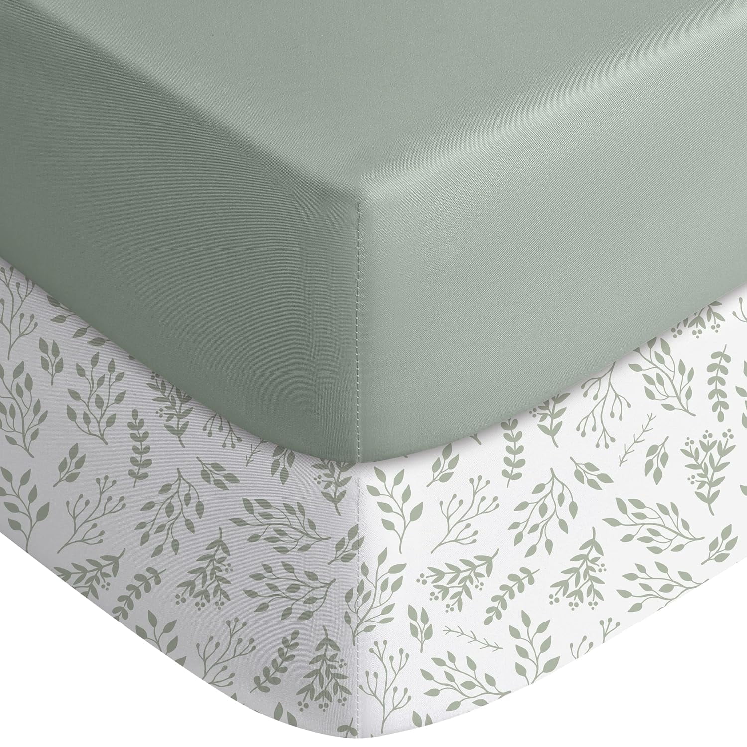 JJEAN-Pack and Play Sheets Fitted, Mini Crib Sheets 2-Pack for Pack N Play Mattress, Stretchy Playard Sheet, Soft and Breathable Green + Leaf