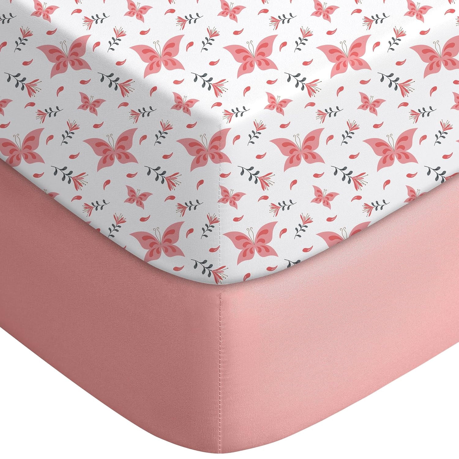 JJEAN-Pack and Play Sheets Fitted, Mini Crib Sheets 2-Pack for Pack N Play Mattress, Stretchy Playard Sheet, Soft and Breathable (Pink + Butterflies)