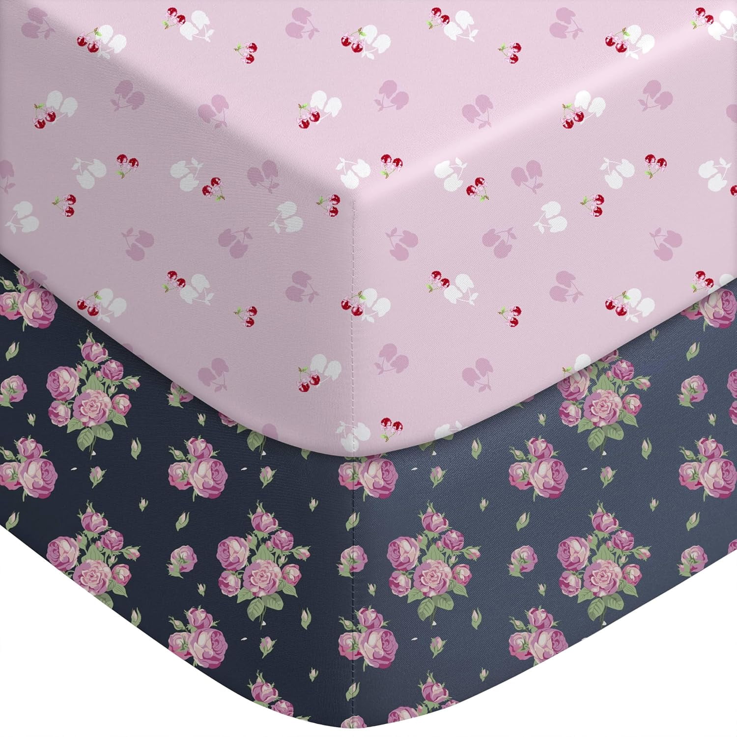 JJEAN-Pack and Play Sheets Fitted, Mini Crib Sheets 2-Pack for Pack N Play Mattress, Stretchy Playard Sheet, Soft and Breathable (Pink+Cherry)