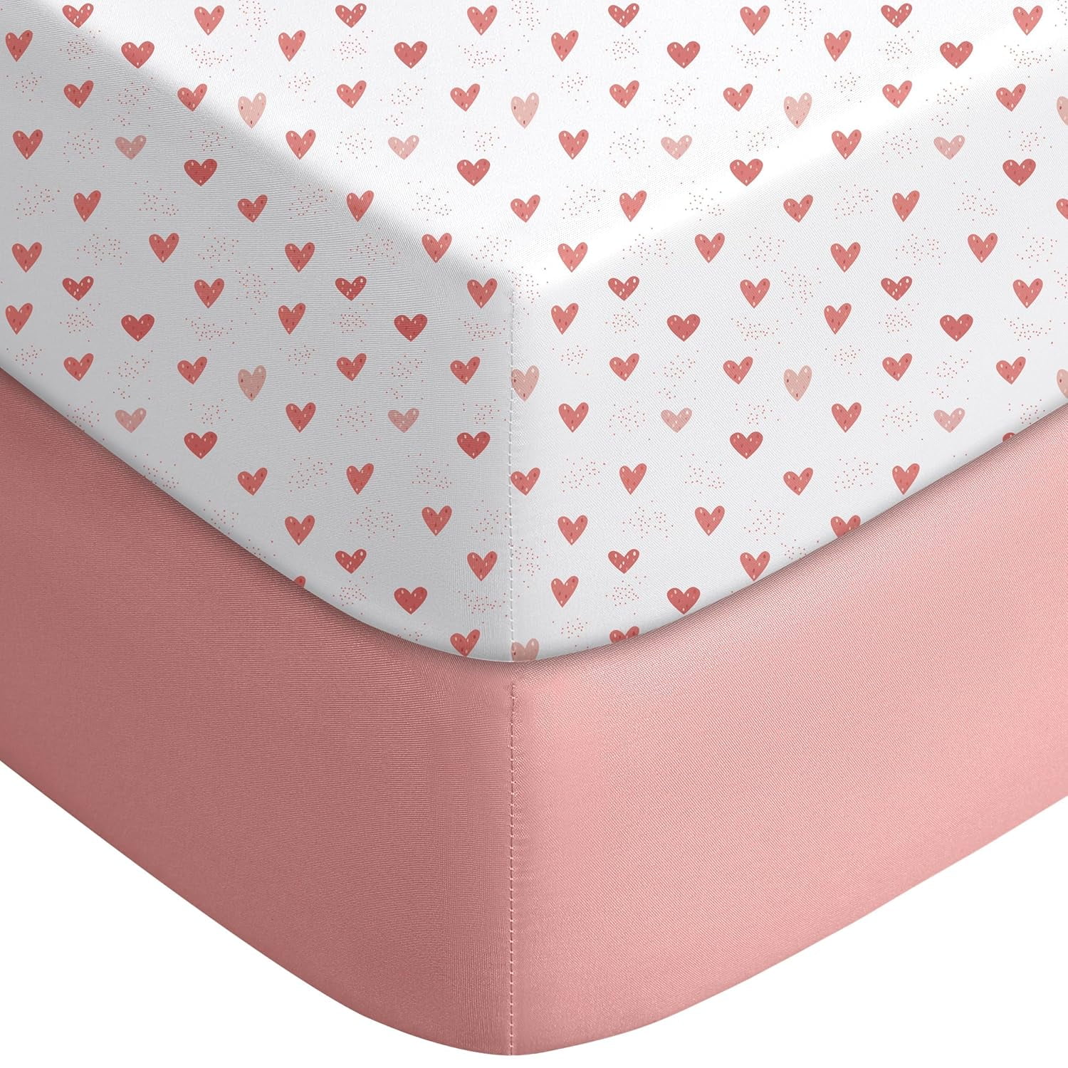 JJEAN-Pack and Play Sheets Fitted, Mini Crib Sheets 2-Pack for Pack N Play Mattress, Stretchy Playard Sheet, Soft and Breathable Pink+Love