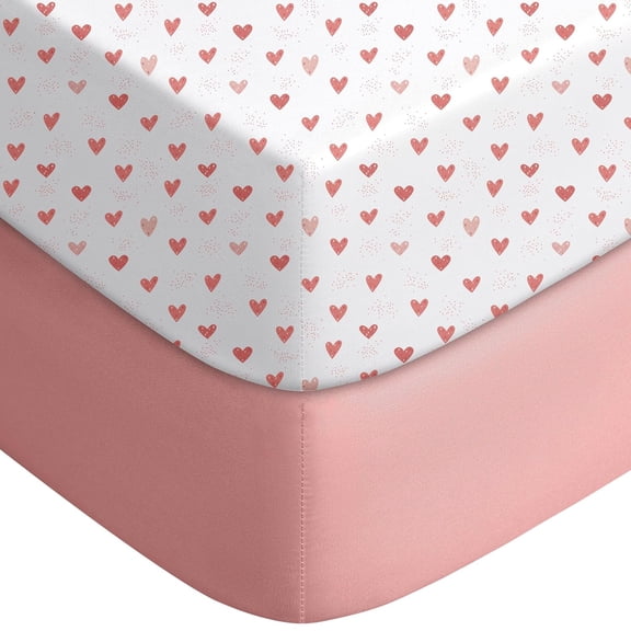 JJEAN-Pack and Play Sheets Fitted, Mini Crib Sheets 2-Pack for Pack N Play Mattress, Stretchy Playard Sheet, Soft and Breathable Pink+Love