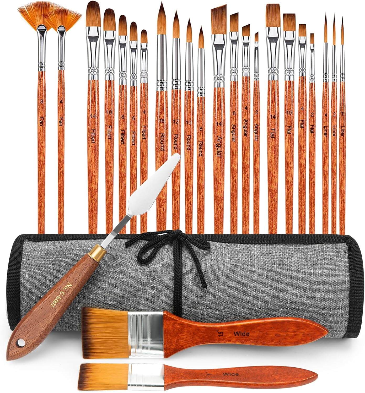 JJEAN-Paint Brush Set of 25pcs, Acrylic Paint Brushes, Professional Artist Paintbrushes, Includes Canvas Roll and Palette Knife, Suitable for Oil, Acrylic, Gouache and Watercolor Painting