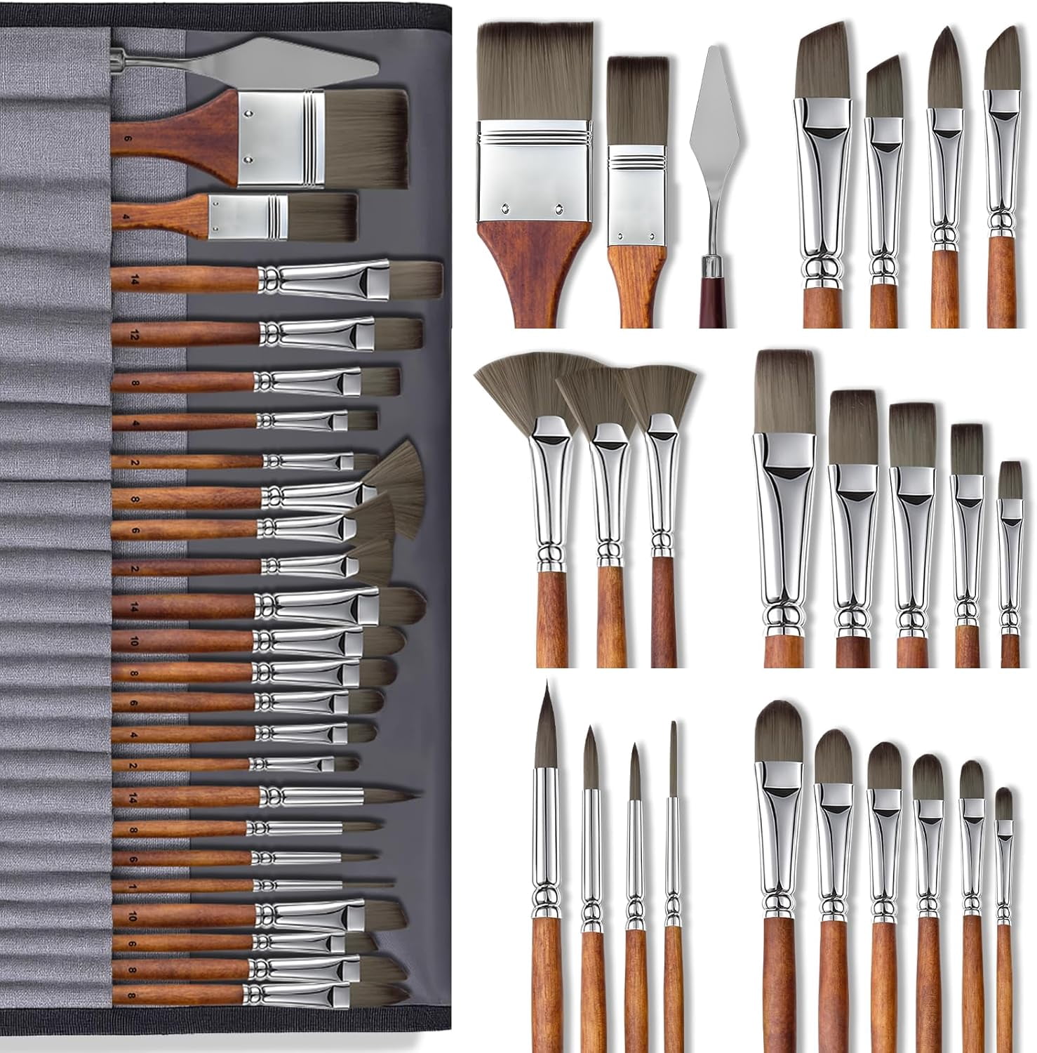 JJEAN-Paint Brush Set, Professional Paintbrushes with Palette Knife and Cloth Roll, Suitable for Beginners, Artists, Gouache, Oil, Face Painting(25pcs)