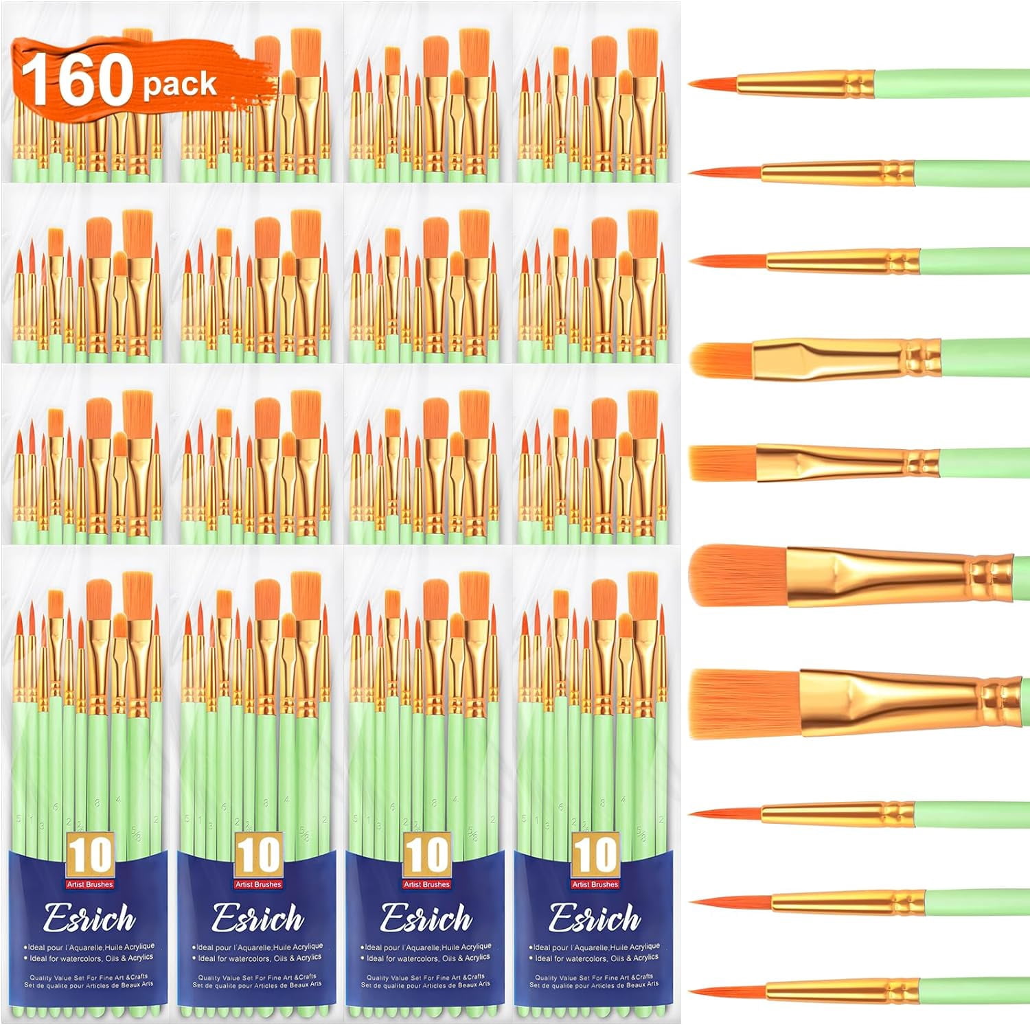 JJEAN-Paint Brushes Set,16 Packs 160 Pcs Acrylic Paint Brush Set,Acrylic Oil Watercolor, Face Nail Art, Miniature Detailing,Rock Painting,Painting Artist Professional Kits(Green)