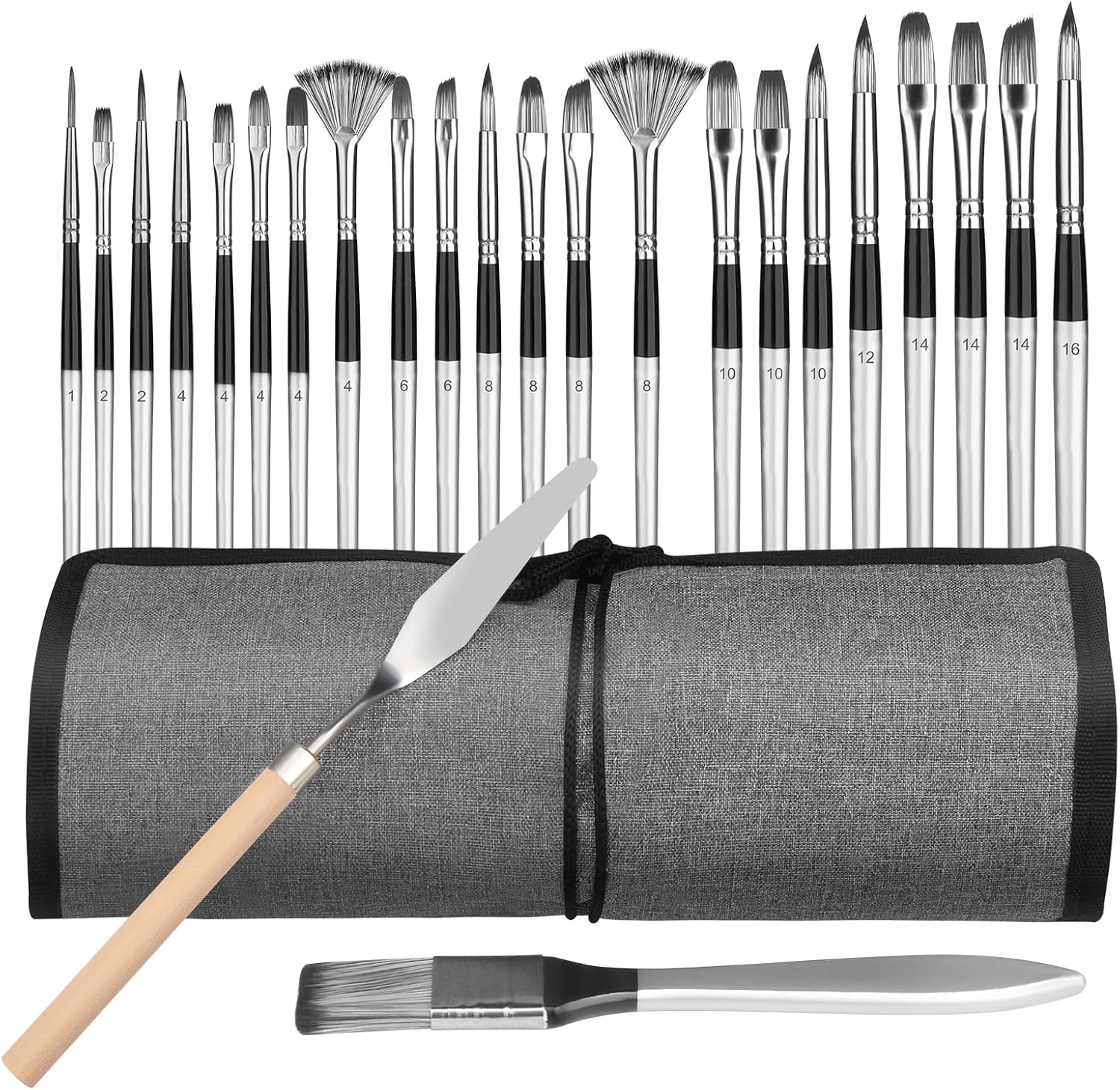 JJEAN-Paint Brushes Set, 24 Pcs Synthetic Acrylic Paint Brushes with Cloth Pouch and Palette Knife, Professional Artist Brushes for Acrylic Painting, Oil, Watercolor, Gouache, Face Painting (Grey)