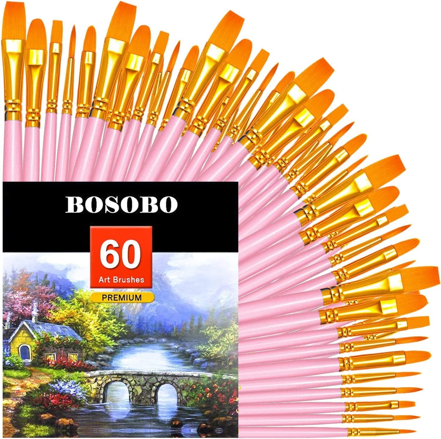 JJEAN-Paint Brushes Set, 6 Pack 60 Pcs Round Pointed Tip Paintbrushes Nylon Hair Artist Acrylic Paint Brushes for Acrylic Oil Watercolor, Face Nail Art, Miniature Detailing & Rock Painting, Pink